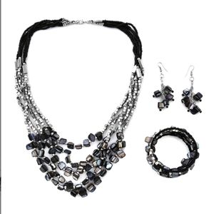 STAINLESS STEEL BLACK SHELL HEMATITE NECKLACE EARRING BRACELET SET